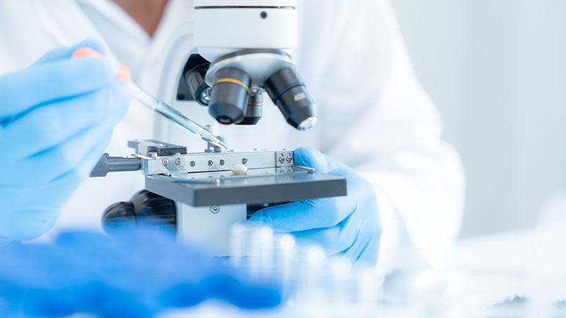 Nahaufnahme von Laborarbeit mit Mikroskop und Probe